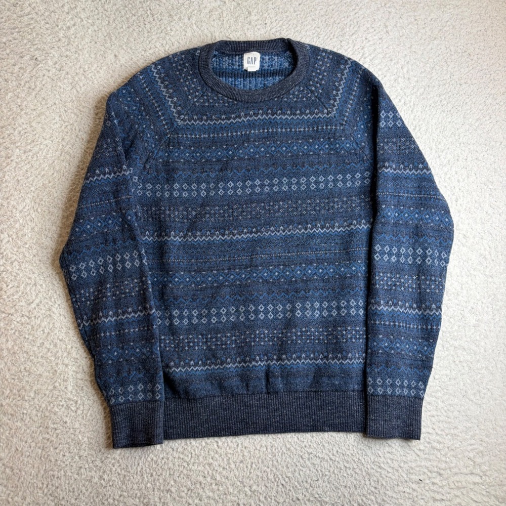 Gap Mens Fair Isle Crewneck Sweater Blue Charcoal Grey Cotton Blend Size M